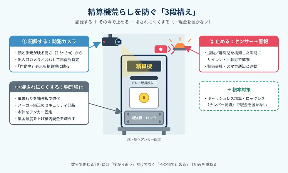 精算機荒らしを防ぐ3段構えの図解。中央に精算機と防犯カメラ、周囲に記録・警報・物理強化の説明枠がある。