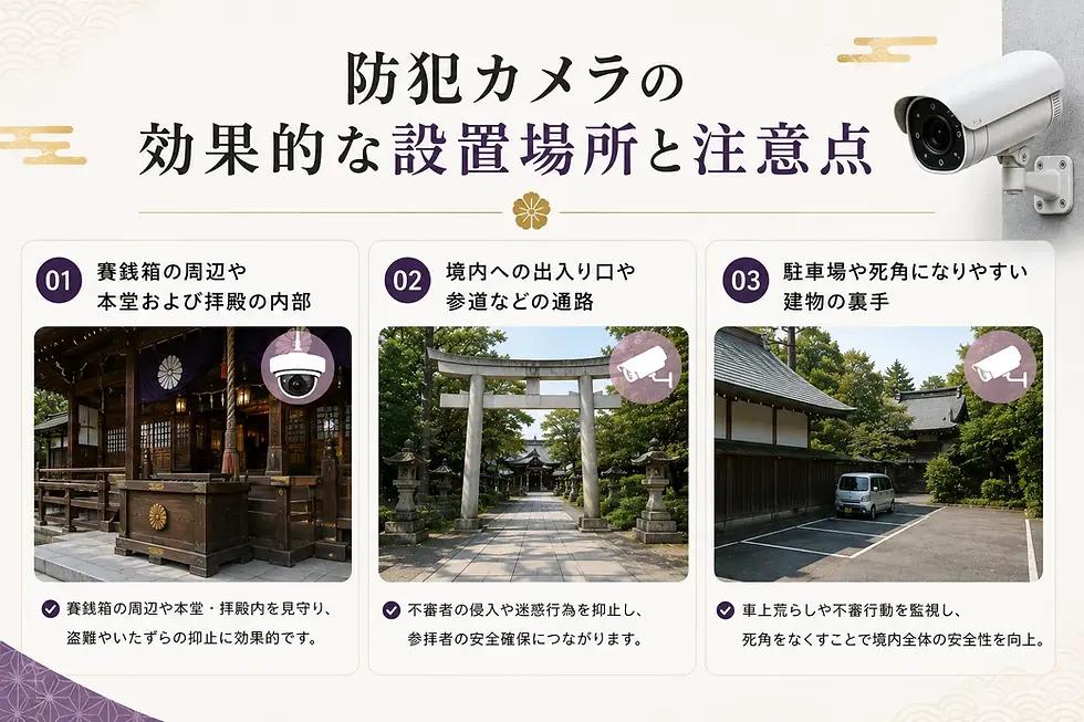 防犯カメラの効果的な設置場所と注意点を示す日本語インフォグラフィック。寺院や参道、駐車場の例と白い監視カメラ、01〜03の項目がある。