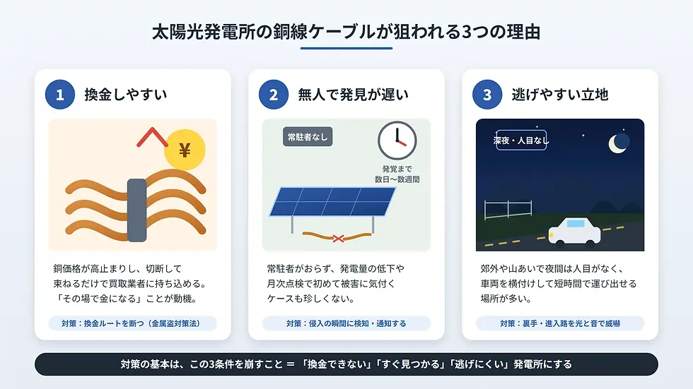 太陽光発電所の銅線ケーブルが狙われる3つの理由を説明する日本語インフォグラフィック。換金しやすい、発見が遅い、逃げやすい立地を図解。