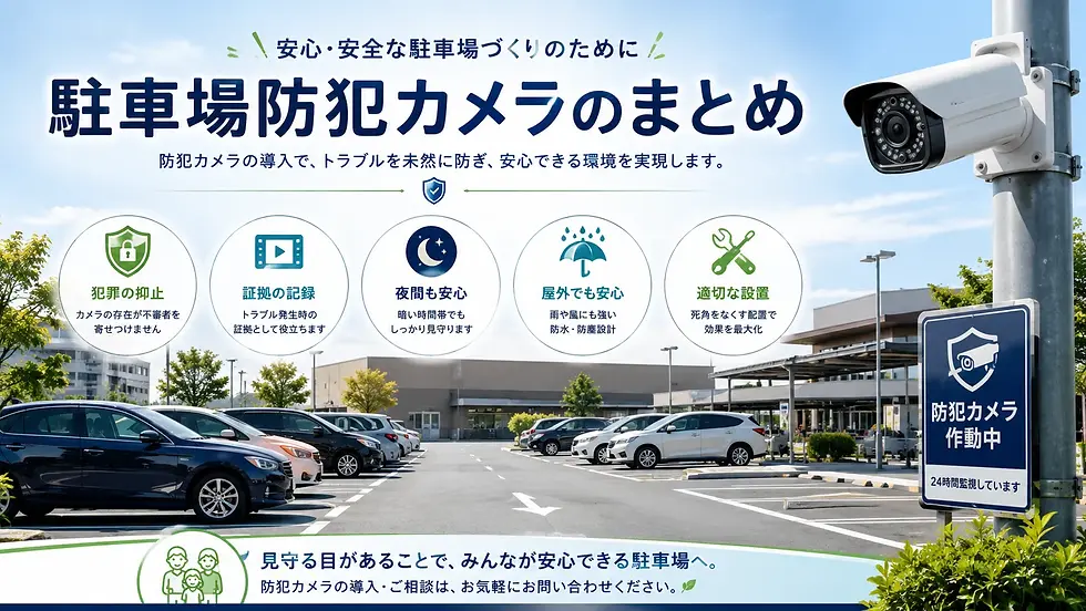 駐車場の防犯カメラ導入を案内する広告。監視カメラと駐車場の車列、右に防犯カメラ作動中の看板。安全・安心を訴求する文字入り。