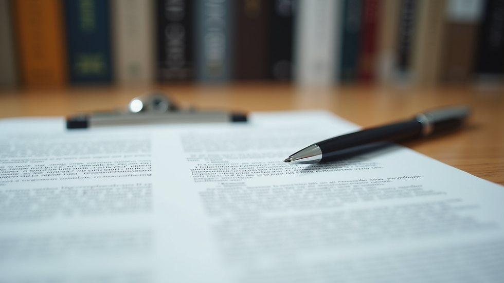 Close-up view of legal documents and a pen on a wooden desk
