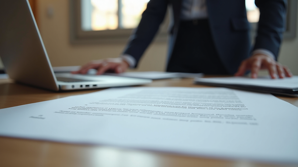 Eye-level view of a lawyer's desk with legal documents and a laptop