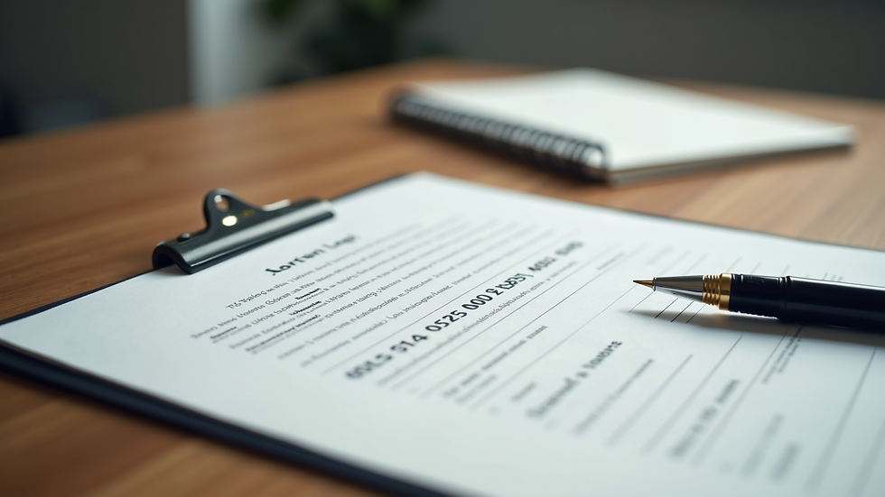 Close-up view of legal documents and a pen on a wooden desk