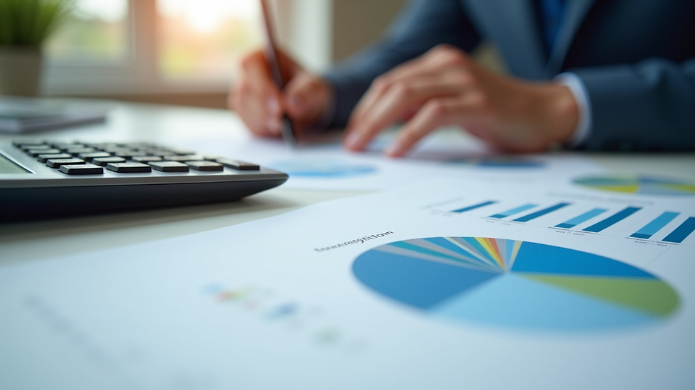 Close-up of a financial planner's desk with charts and a calculator