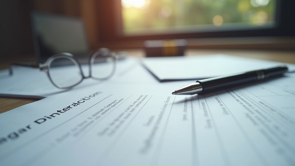 Close-up view of legal documents and pen on a desk