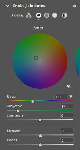 Suwaki ustawień gradacji kolorów w Adobe Camera Raw
