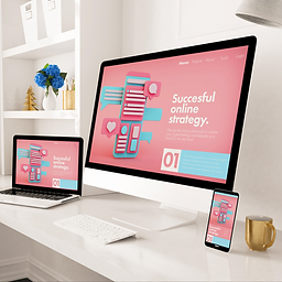 Modern white workspace with a desktop computer, laptop, and smartphone all displaying a pink screen that reads “Successful online strategy.” The devices show colorful chat bubbles, icons, and a layout for digital marketing or website strategy. A vase with blue flowers and minimal decor sit on a white shelf in the background.