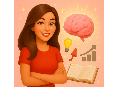 Illustration of a confident woman in a red shirt smiling with arms crossed, surrounded by icons of a glowing brain, lightbulb, upward arrow, bar graph, and open book—symbolizing creativity, neuroscience, learning, and business growth.