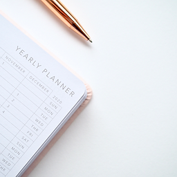 A close-up view of a yearly planner open to the November and December 2020 calendar pages, with a rose gold pen placed diagonally on a clean white background. The layout is minimal and organized.