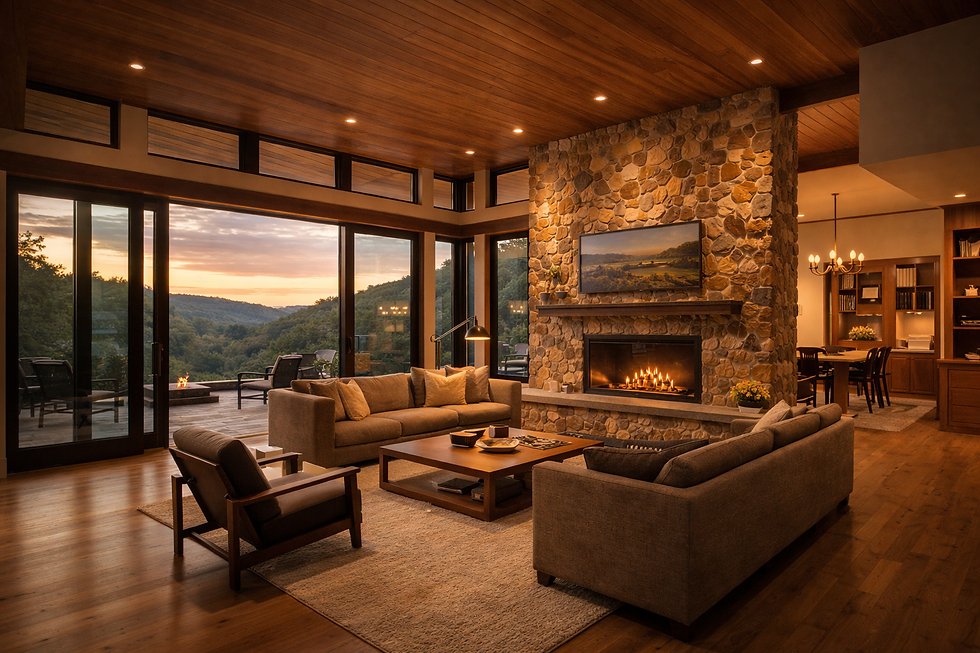 Warm natural elements and fine wood working define the interior living area