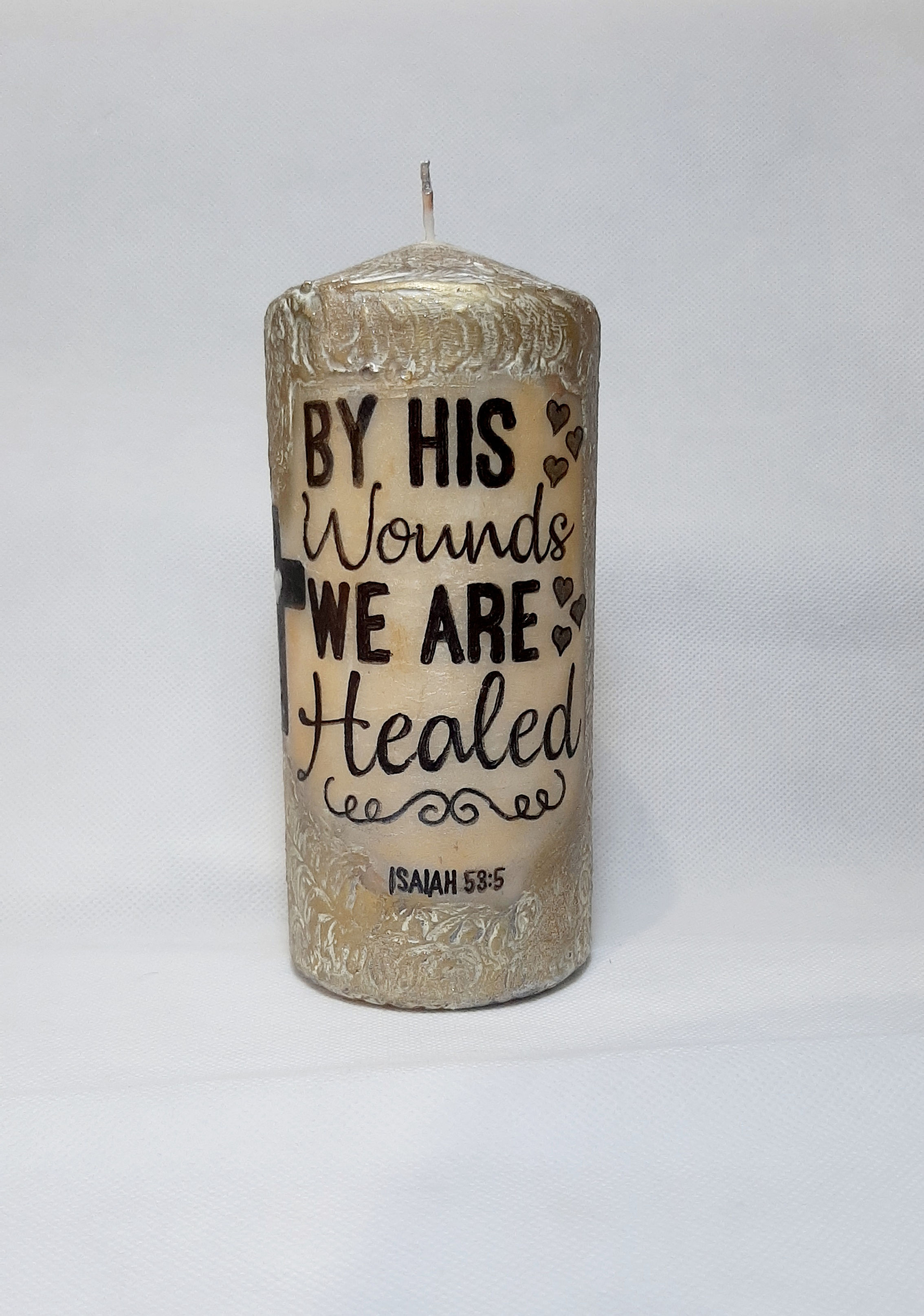 Vintage Pillar Candle "By His Wounds"