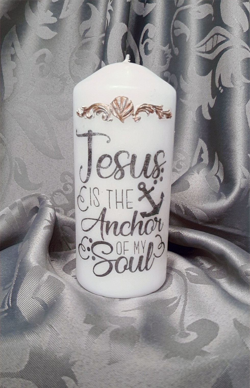 Thumbnail: Double Sided Pillar Candle - 'Jesus is the Anchor' and 'Things never discovered'