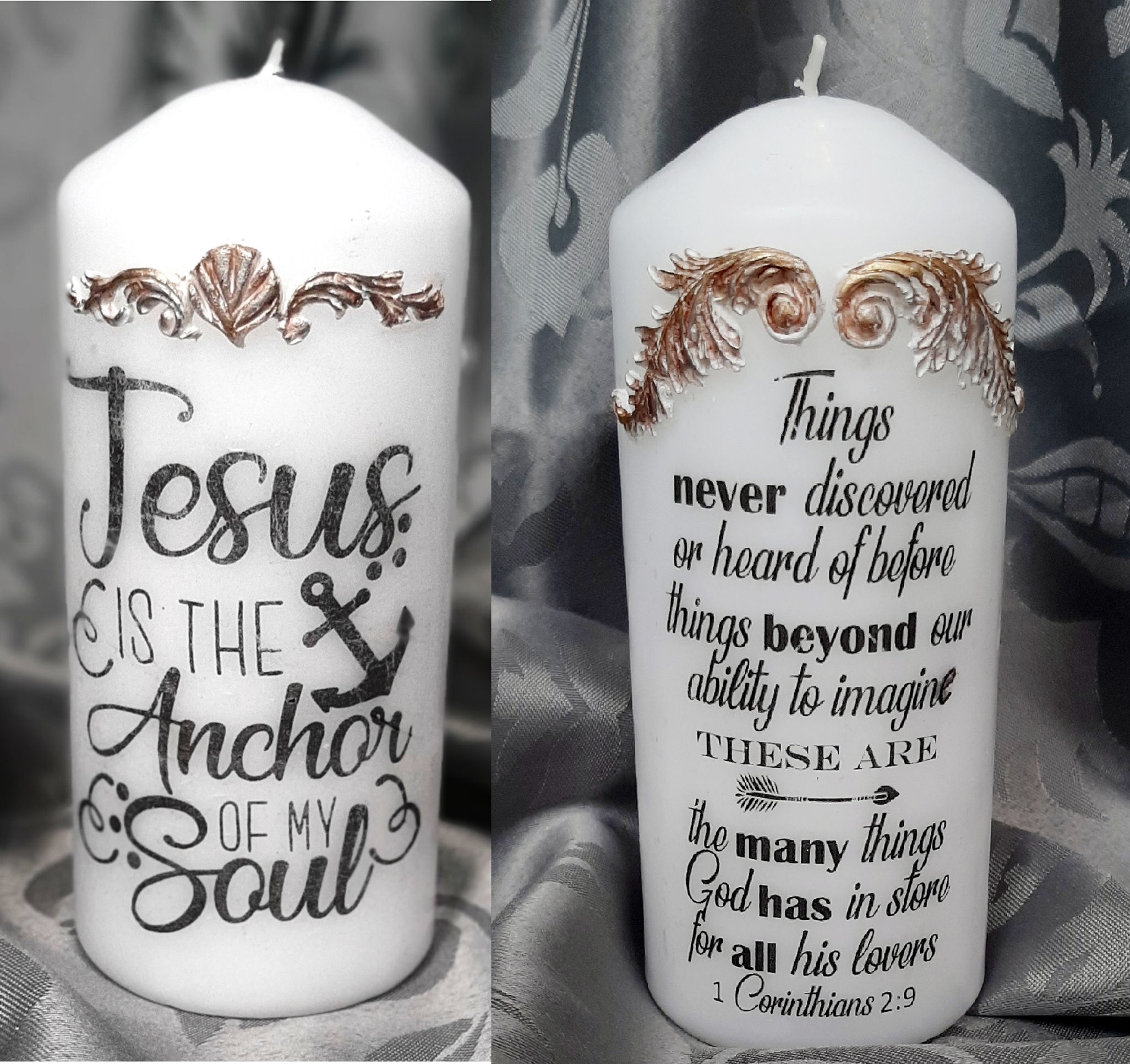 Double Sided Pillar Candle - 'Jesus is the Anchor' and 'Things never discovered'