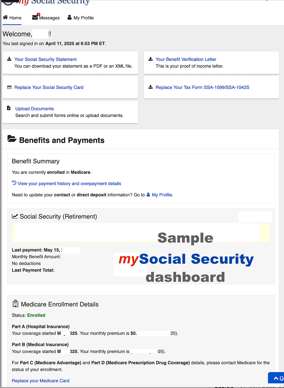 A screenshot of a person's "my Social Security" online account dashboard, showing Medicare Enrollment Details and a link to download the "Benefit Verification Letter" or order a replacement Medicare Card (Part A & Part B only). - as of 2025