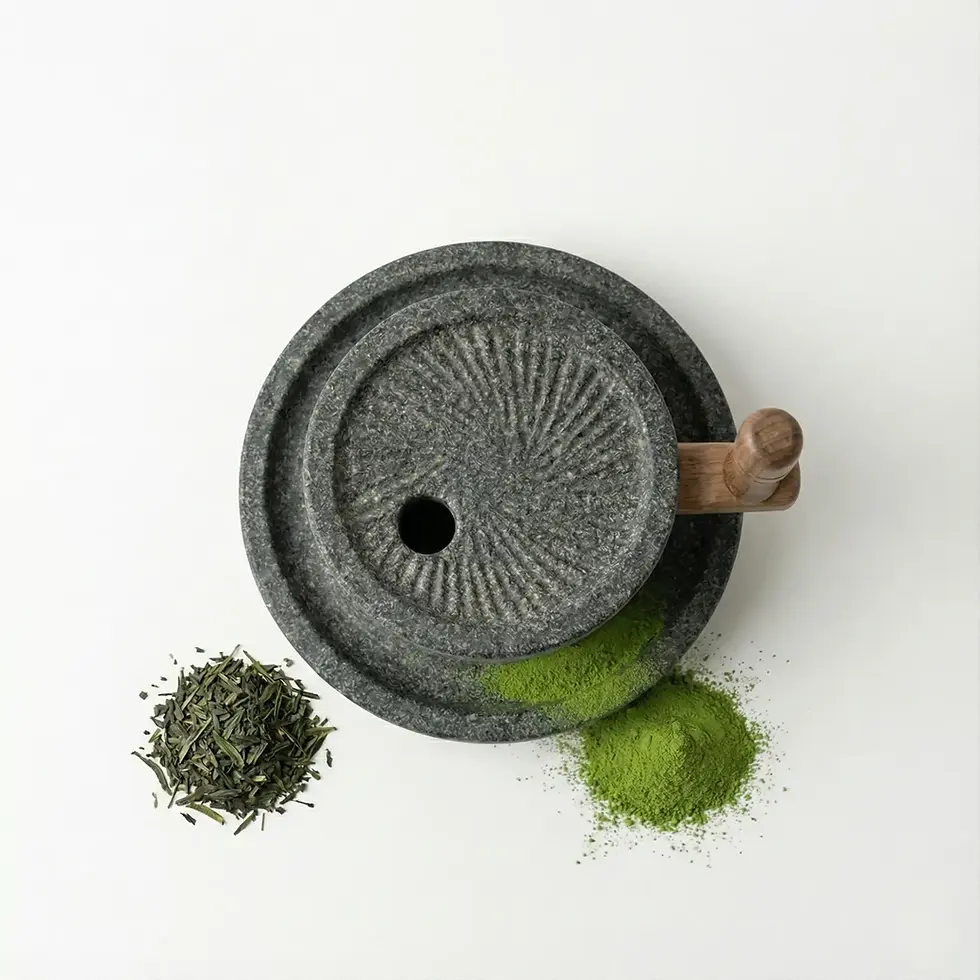 El taşı matcha değirmeninin yandan görünümü.