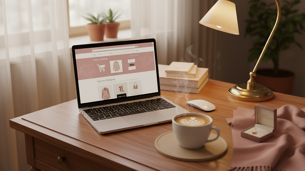 High angle view of a laptop and a cup of coffee on a desk, symbolizing online shopping