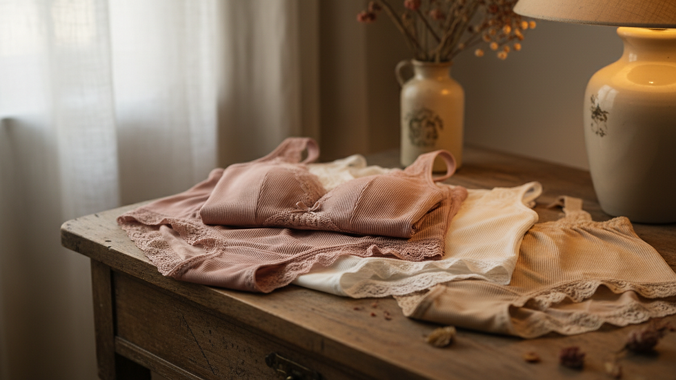 Close-up view of folded cotton lingerie on a wooden surface