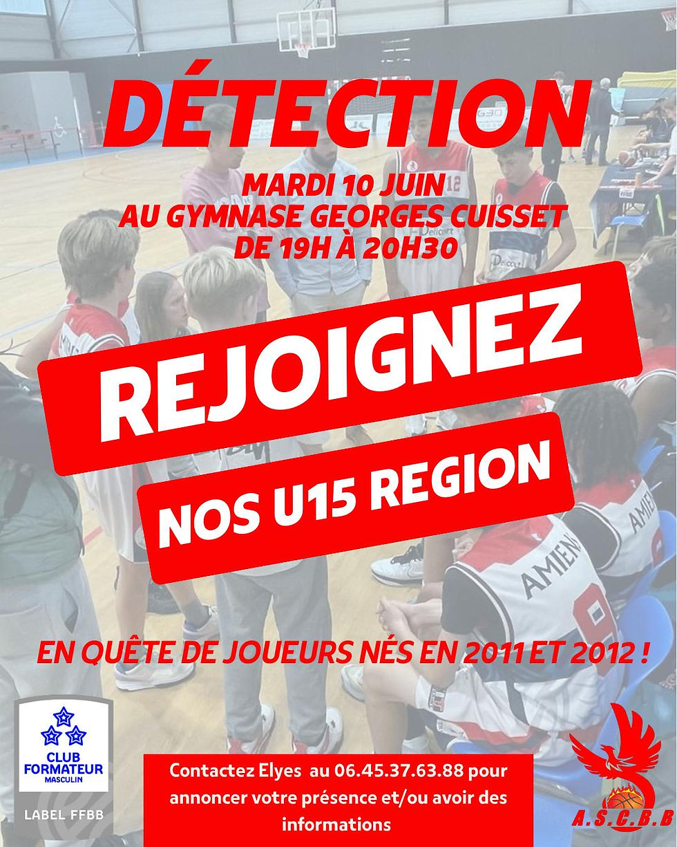 Affiche officielle de la journée de détection U15 basket organisée par l’ASCBB à Amiens le 10 juin 2025 – Gymnase Georges Cuisset.