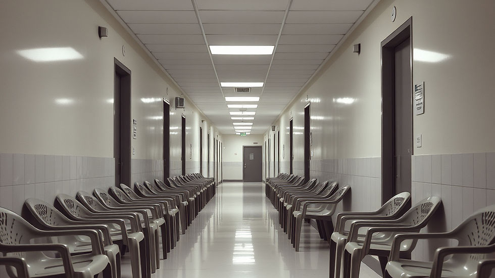 Empty hospital hallway with rows of gray plastic chairs lining both sides. Doors along the corridor. Bright lights create a sterile atmosphere.