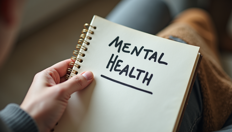 Close-up view of a hand holding a notebook with mental health self-help notes