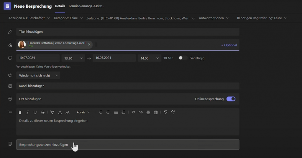 Besprechungsnotizen bei Erstellung von Meetings
