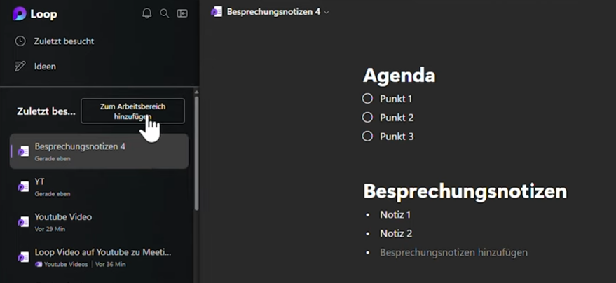 Loop-Seite zum Arbeitsbereich hinzufügen