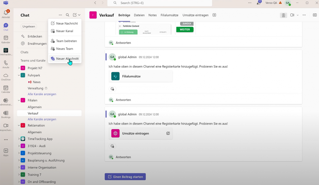 jeder Kanal mit eigenen Abschnitten