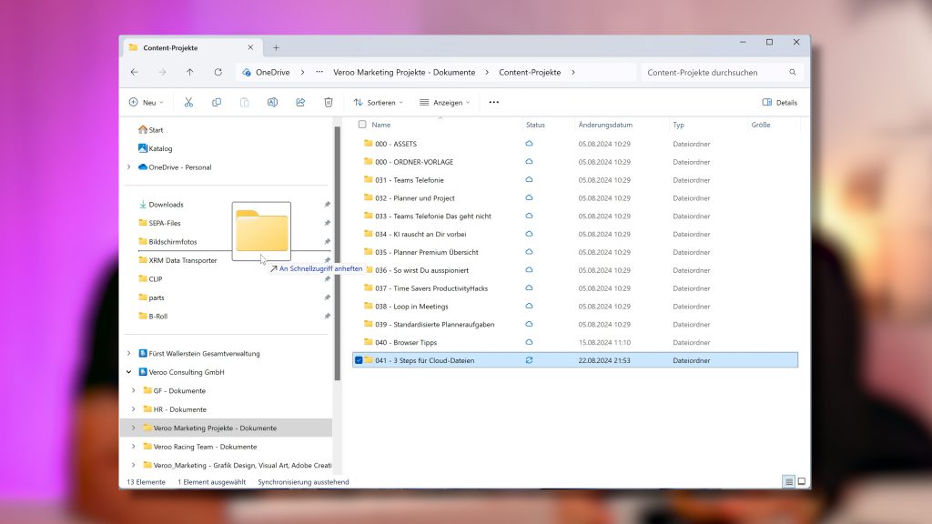 Dateien an den Schnellzugriff anheften