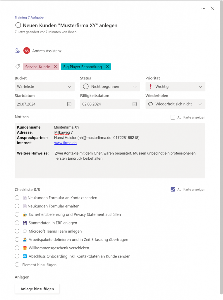 automatisiert erstellte Planner-Aufgabe