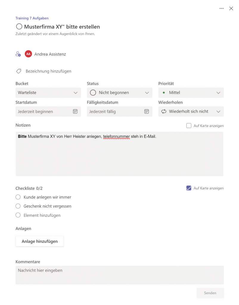 manuell erstellte Planner-Aufgabe