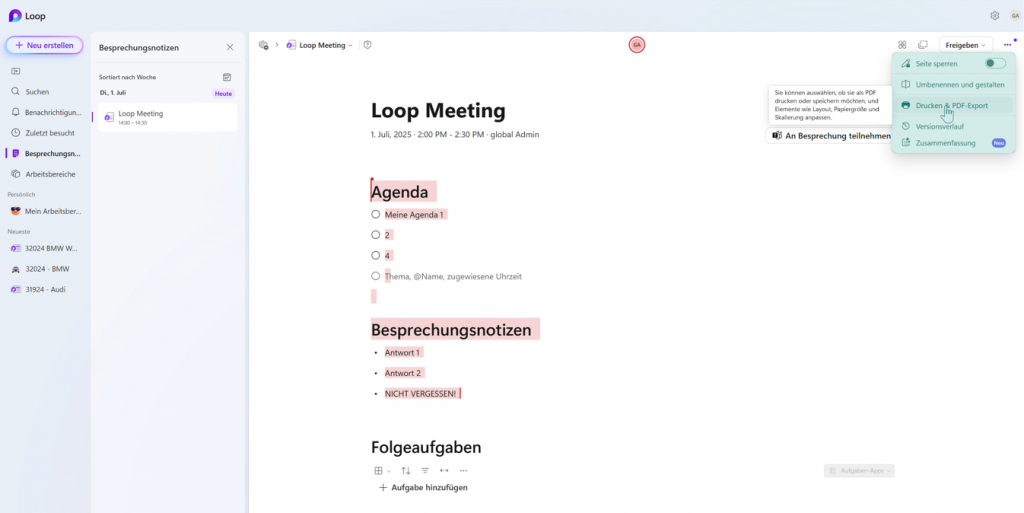 Drucken und PDF Export