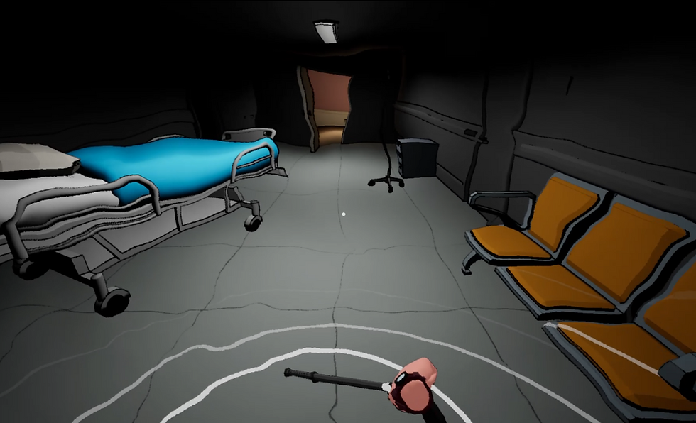 Game frame showing the playable character's hand with the cane inside a hospital corridor