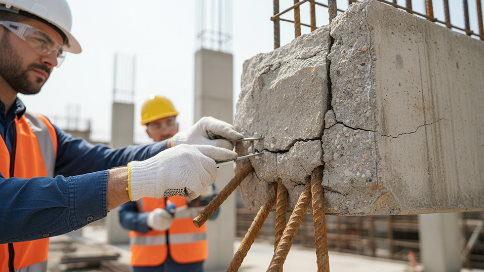 Close-up view of concrete surface with visible cracks and exposed steel reinforcement