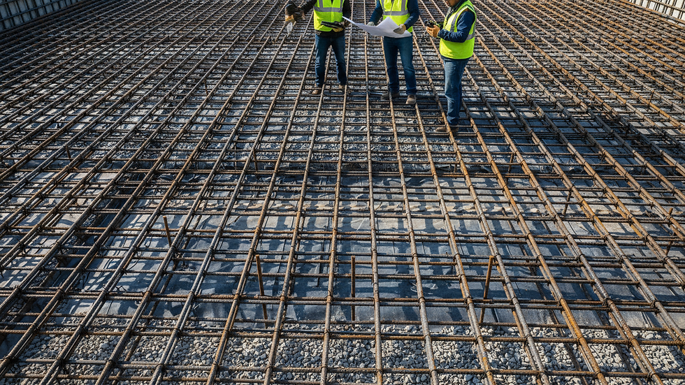 Eye-level view of steel reinforcement bars in foundation construction