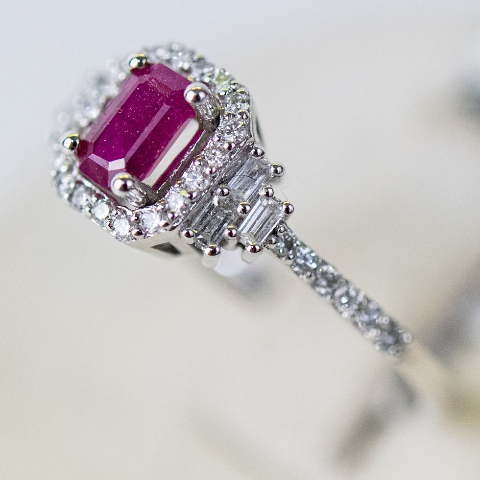 Thumbnail: Emerald Cut Ruby Diamond Cluster in 18 ct White Gold setting