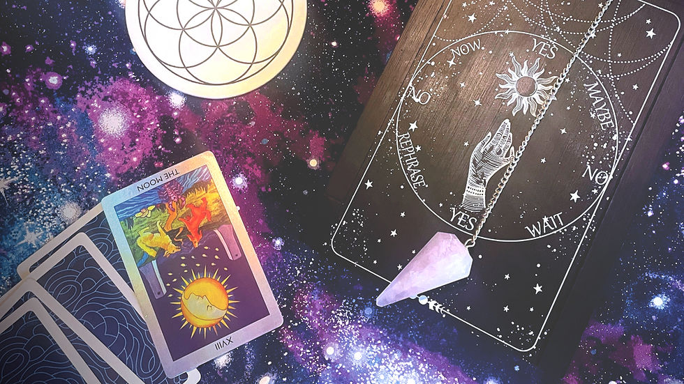 Tarot cards, pendulum board with a crystal, and lunar phase wand on a galaxy-patterned background. Mystic and cosmic theme.
