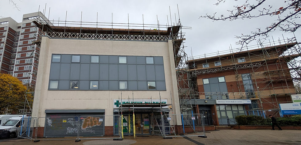 External access scaffolding installed at Molineux Health Centre, Newcastle, enabling urgent roof repairs while the NHS facility remained fully operational.