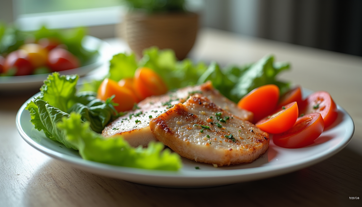 Eye-level view of a colorful plate with fresh vegetables and lean protein