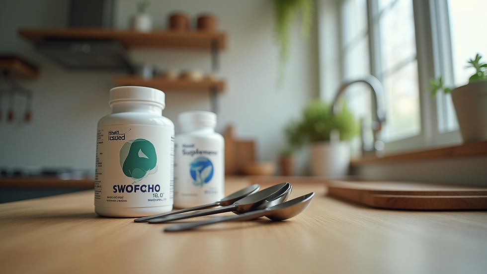 Eye-level view of supplement bottles and measuring spoons on a kitchen counter