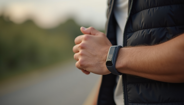 Close-up view of a person measuring their heart rate with a wearable fitness tracker