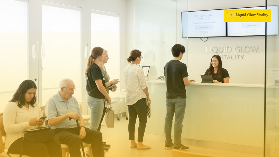 Guests checking in at Liquid Glow Vitality, a clinic where people learn what is an immunity drip and receive personalized wellness care.