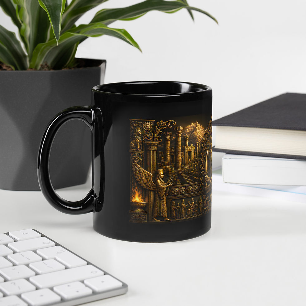 Thumbnail: Lion & Sun Heritage Black Glossy Mug | Faravahar Symbol Ceramic Coffee Cup