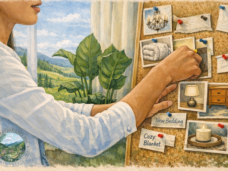 Illustrated woman creating a bedroom vision board with cozy decor elements, set against a soft countryside landscape, representing mindful home design and intentional planning.