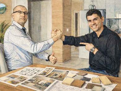Illustrated scene of homeowner and renovation consultant shaking hands across a table covered with floor plans, interior design photos, and material samples in a modern home setting.