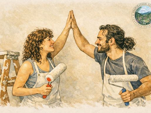 Watercolor-style illustration of a couple painting a room together, smiling and high-fiving while holding paint rollers, symbolizing teamwork, shared responsibilities, and harmony during a home renovation.