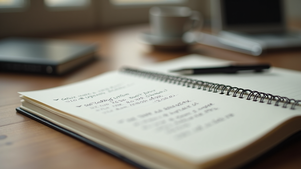 Close-up view of a notebook with handwritten notes and a pen on a wooden table
