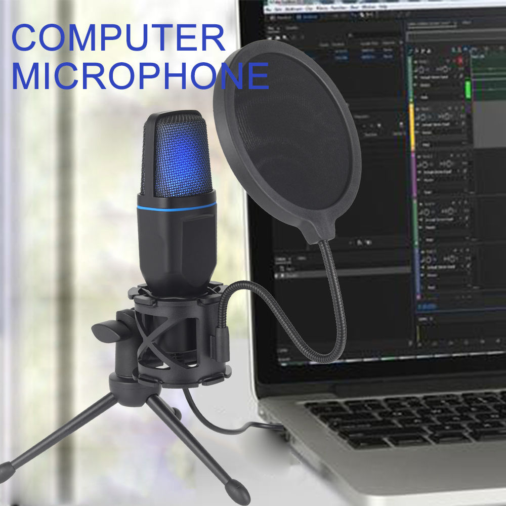 Microfone USB RGB com fio, condensador, para jogos e gravação de podcasts.