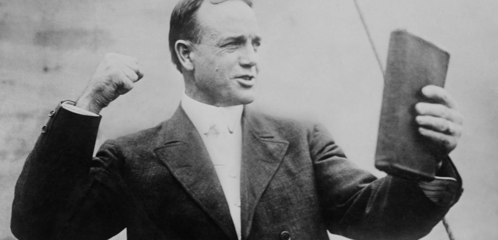 Billy Sunday, Presbyterian evangelist, posed as if preaching, c. 1915
