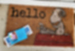 A newspaper voter guide and blue palm card are on to of a "Hello" welcome mat that has Snoopy sitting on top of his dog house with a typewriter.