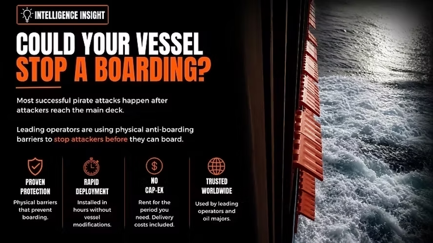 Ad reading Could Your Vessel Stop a Boarding? beside a ship at sea with red anti-boarding barriers; black background, urgent tone